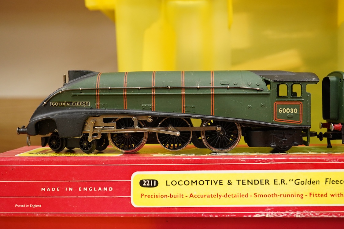 A collection of Hornby Dublo for 2 rail running, including; a boxed BR class A4 4-6-2, Golden Fleece 60030, (2211), together with three boxed bogie coaches and two wagons, plus four unboxed wagons, and a complete box set